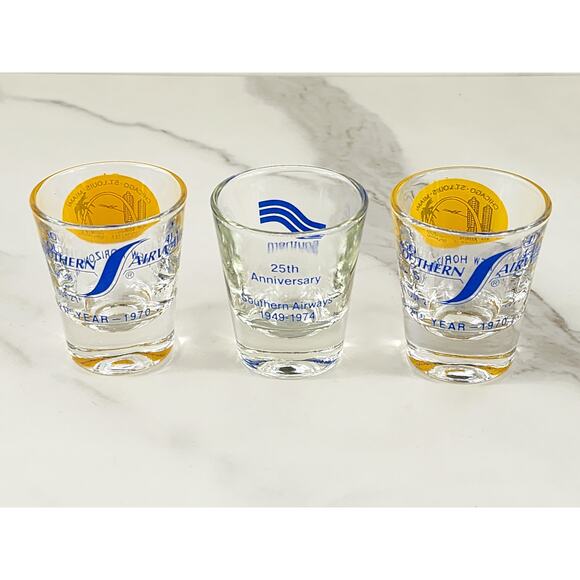 Southern Airways Airline Shot Glass 21th 25th Anniversary 70s x3 New Vintage - Picture 1 of 15